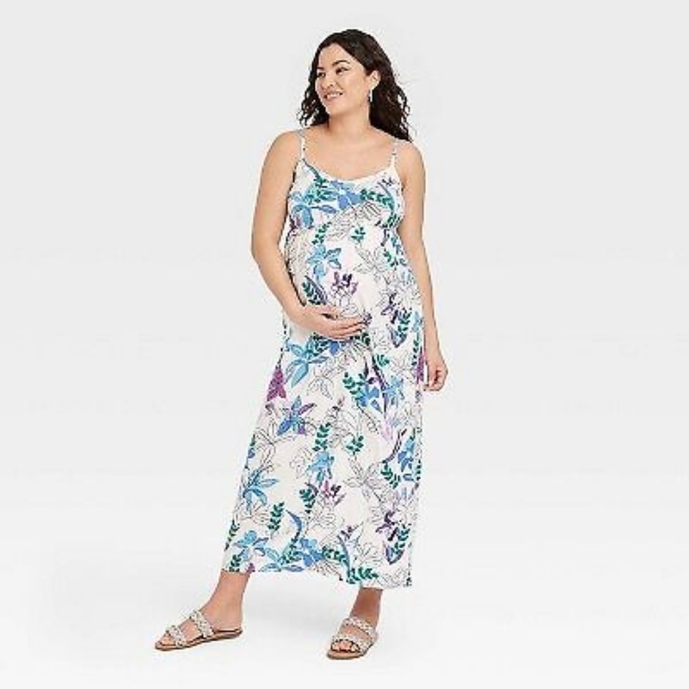 Isabel Maternity | NWT Floral Tie Back Maxi Dress White Blue Purple Large